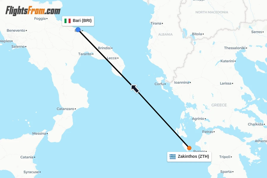 Flights from Zakinthos to Bari route map
