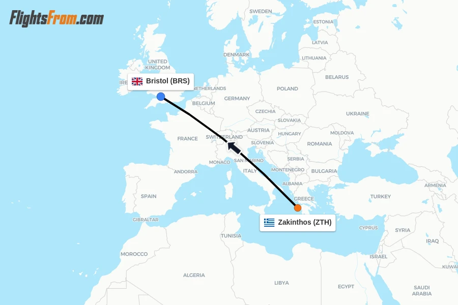 Flights from Zakinthos to Bristol route map