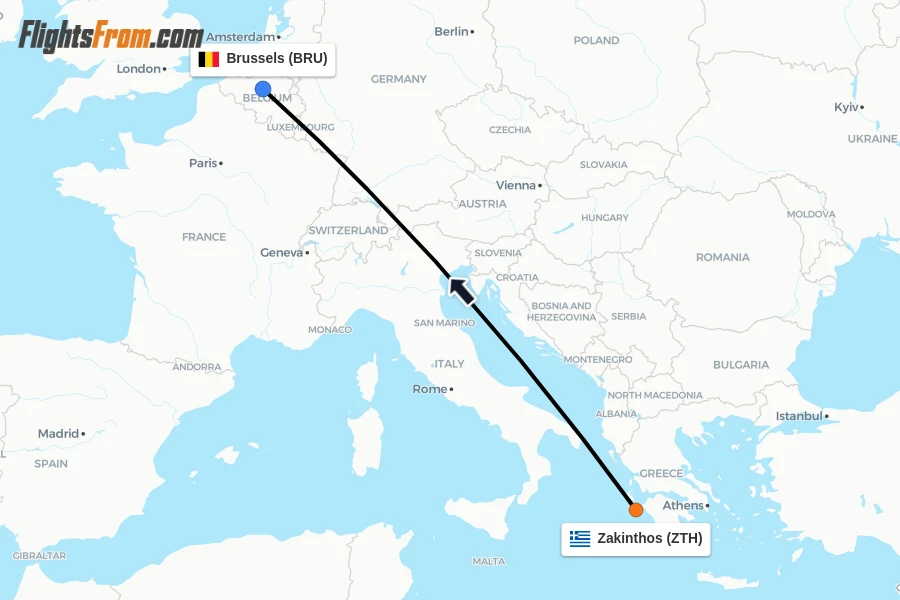 Flights from Zakinthos to Brussels route map