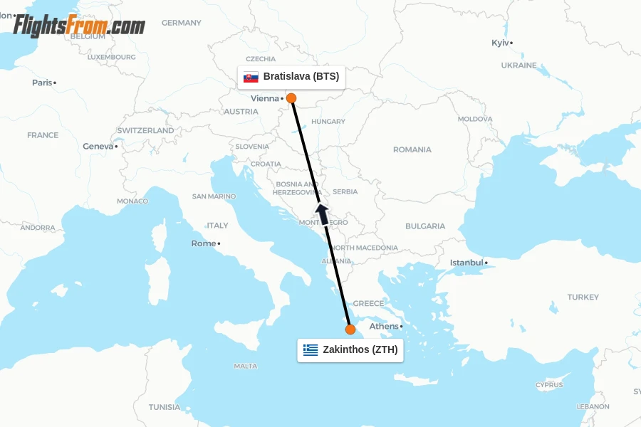 Flights from Zakinthos to Bratislava route map