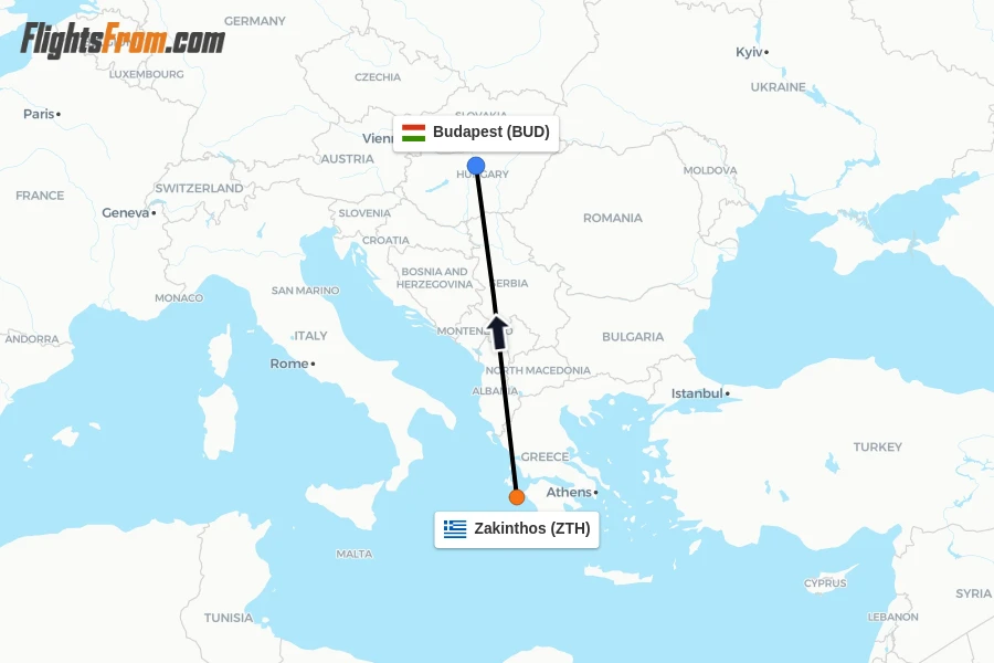Flights from Zakinthos to Budapest route map