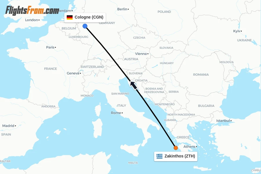 Flights from Zakinthos to Cologne route map