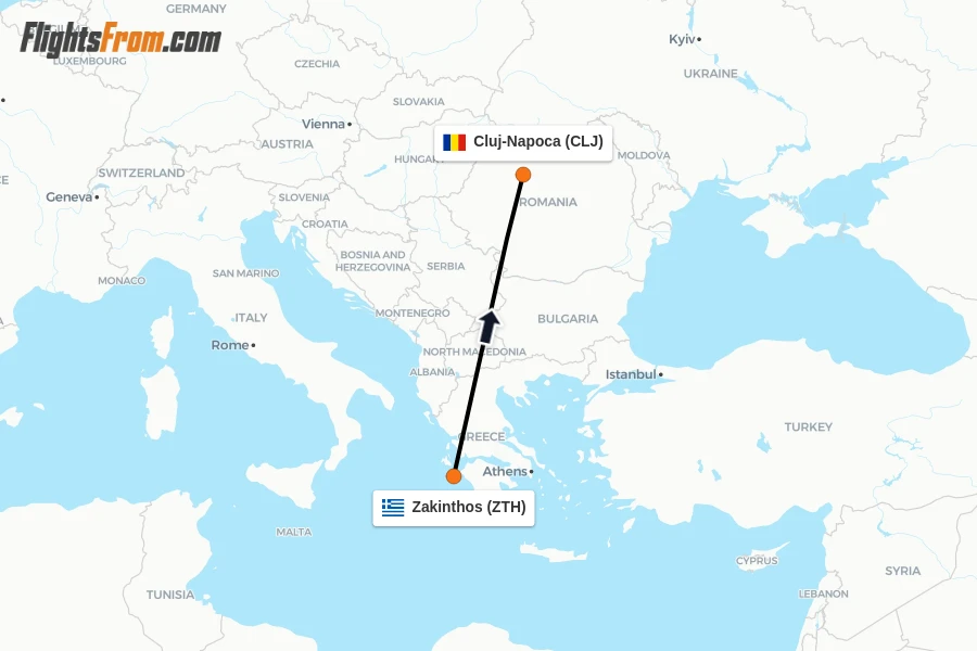 Flights from Zakinthos to Cluj-Napoca route map