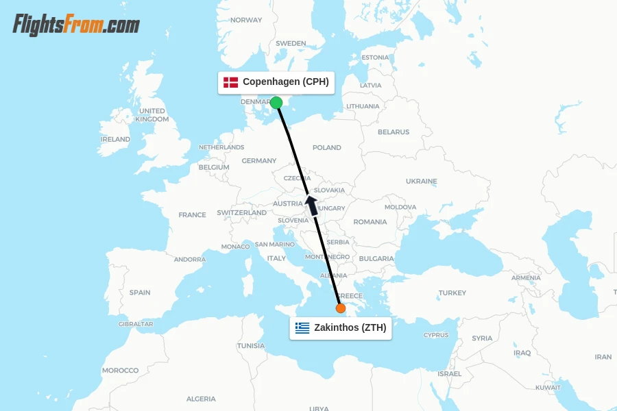Flights from Zakinthos to Copenhagen route map