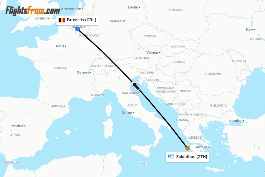 Flights from Zakinthos to Brussels route map