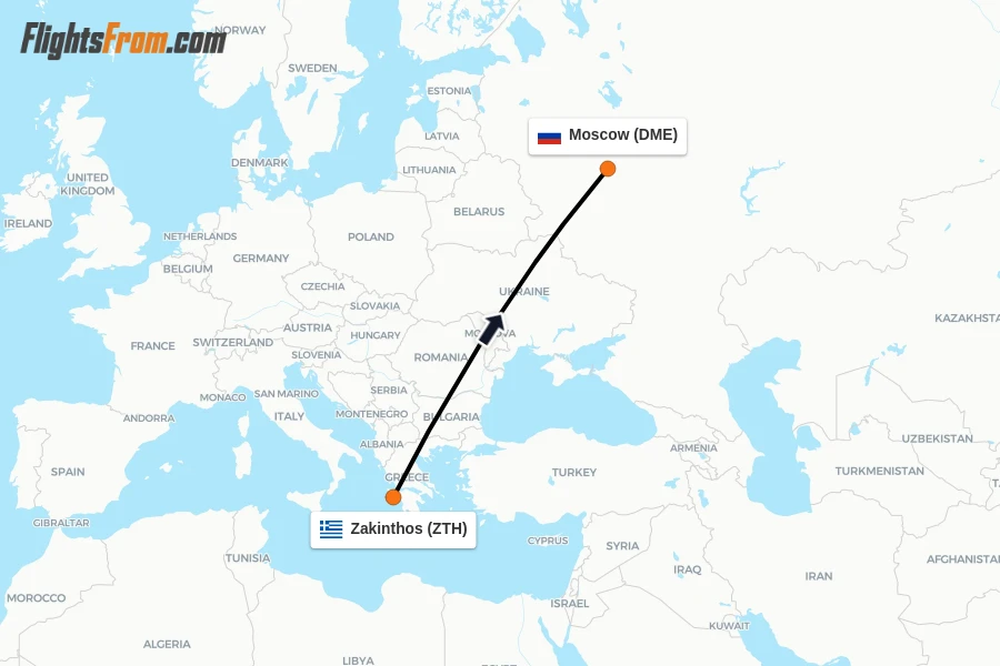 Flights from Zakinthos to Moscow route map