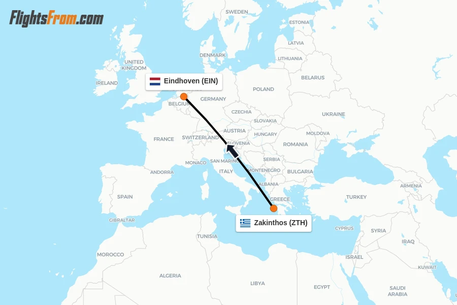 Flights from Zakinthos to Eindhoven route map
