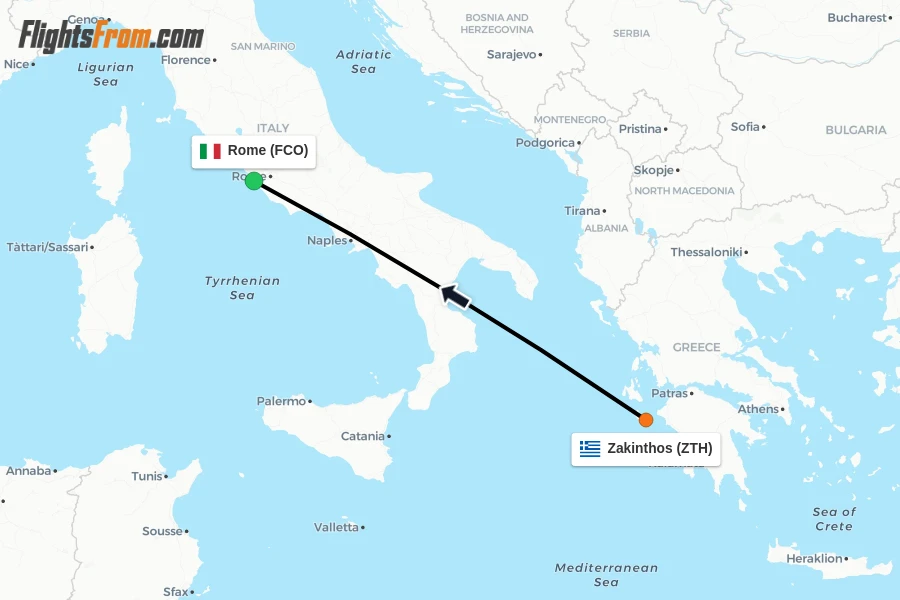 Flights from Zakinthos to Rome route map