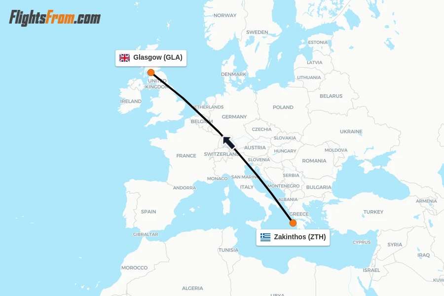 Flights from Zakinthos to Glasgow route map
