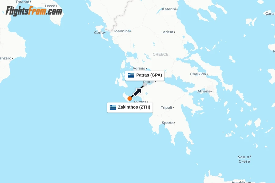 Flights from Zakinthos to Patras route map