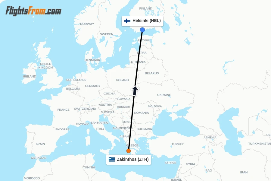 Flights from Zakinthos to Helsinki route map