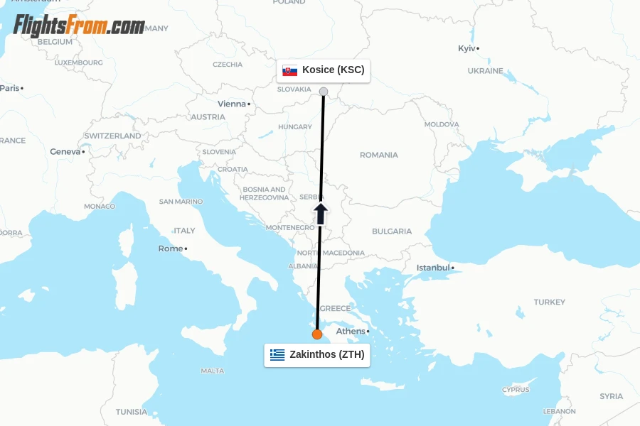 Flights from Zakinthos to Kosice route map