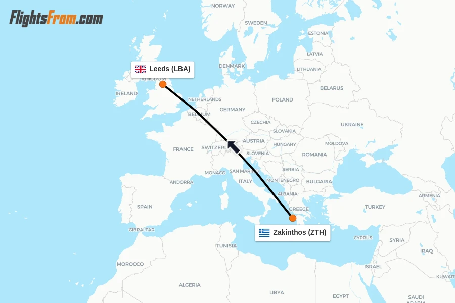 Flights from Zakinthos to Leeds route map
