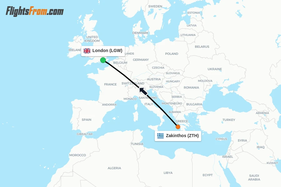 Flights from Zakinthos to London route map