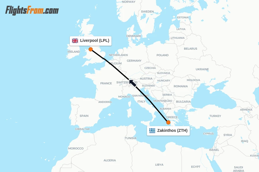 Flights from Zakinthos to Liverpool route map