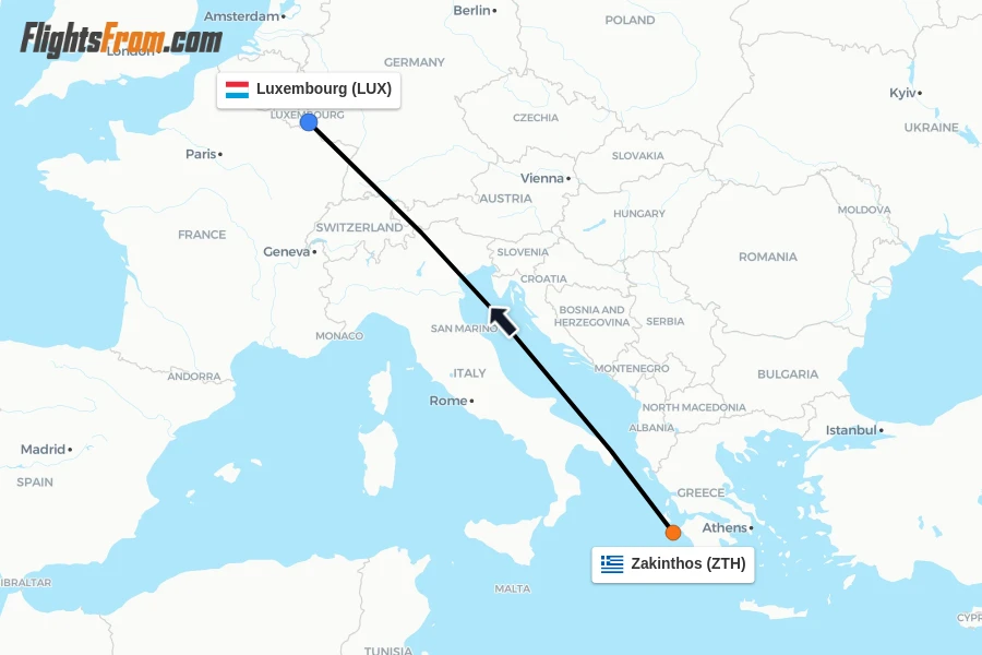 Flights from Zakinthos to Luxembourg route map