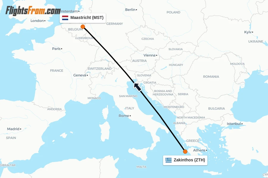 Flights from Zakinthos to Maastricht route map
