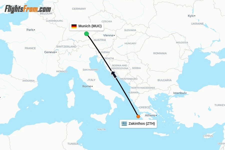 Flights from Zakinthos to Munich route map