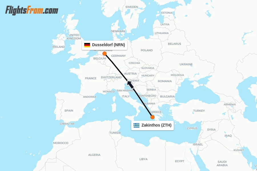 Flights from Zakinthos to Dusseldorf route map
