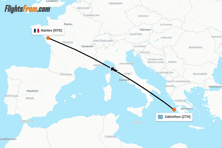 Flights from Zakinthos to Nantes route map