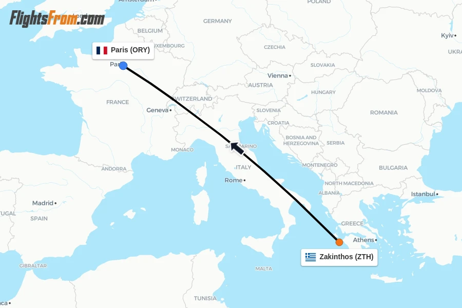 Flights from Zakinthos to Paris route map