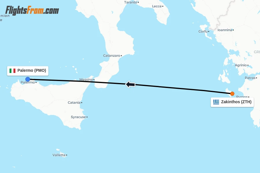 Flights from Zakinthos to Palermo route map