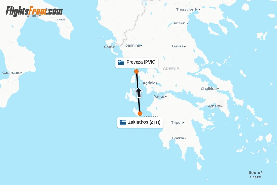 Flights from Zakinthos to Preveza route map