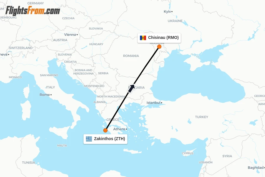 Flights from Zakinthos to Chisinau route map