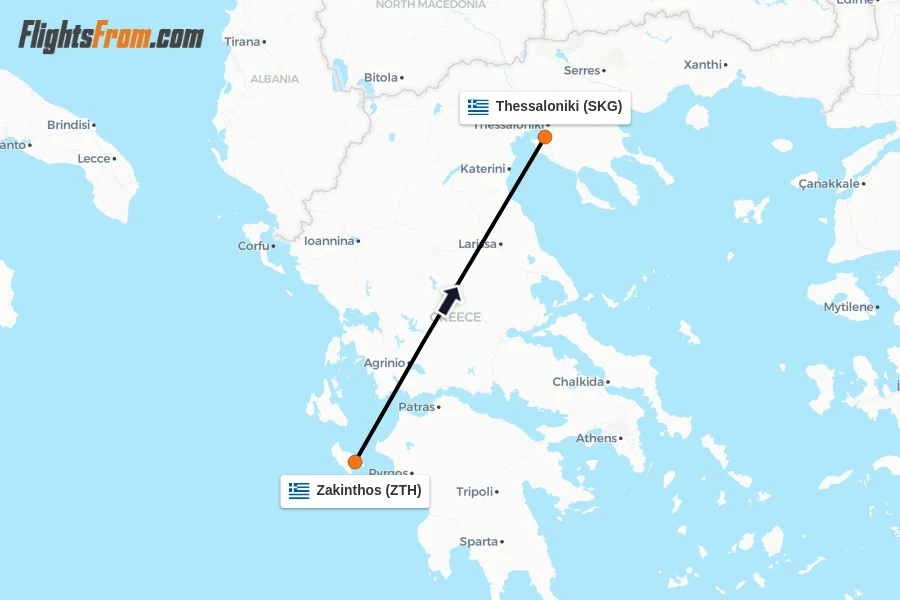 Flights from Zakinthos to Thessaloniki route map