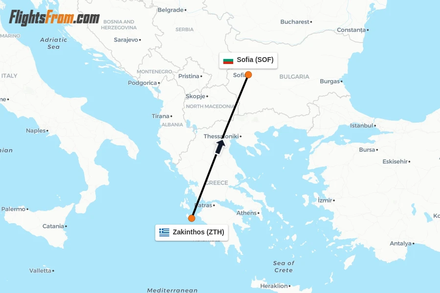 Flights from Zakinthos to Sofia route map
