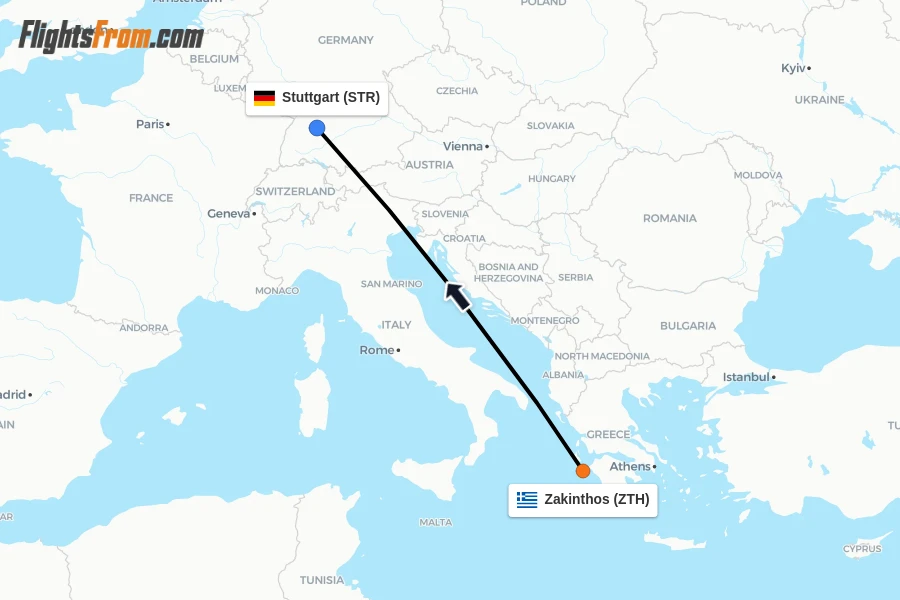Flights from Zakinthos to Stuttgart route map