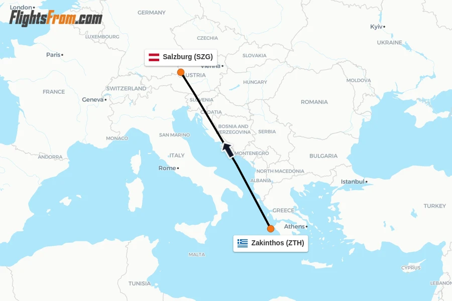 Flights from Zakinthos to Salzburg route map