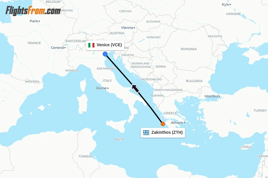 Flights from Zakinthos to Venice route map