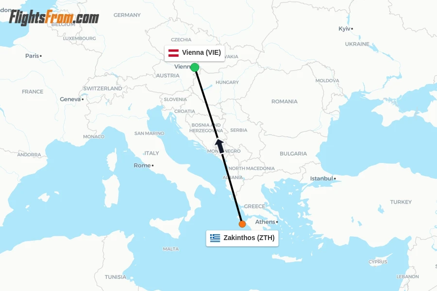 Flights from Zakinthos to Vienna route map