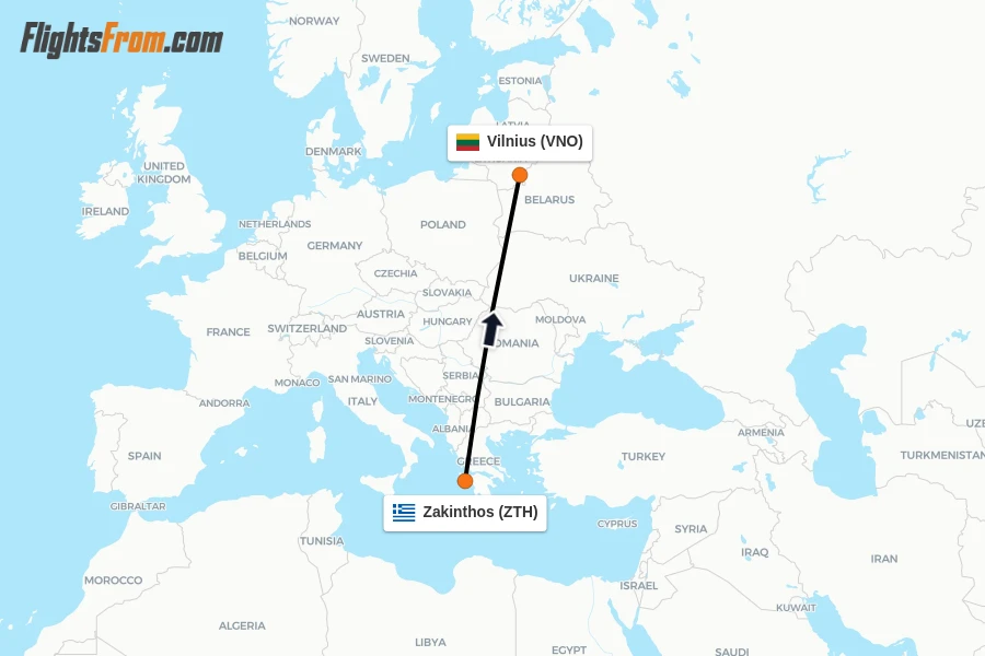 Flights from Zakinthos to Vilnius route map