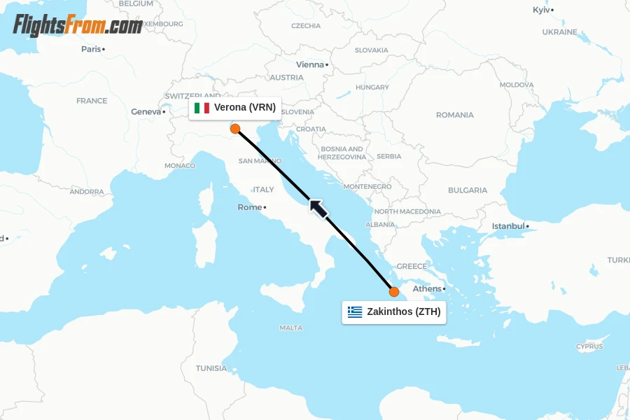 Flights from Zakinthos to Verona route map