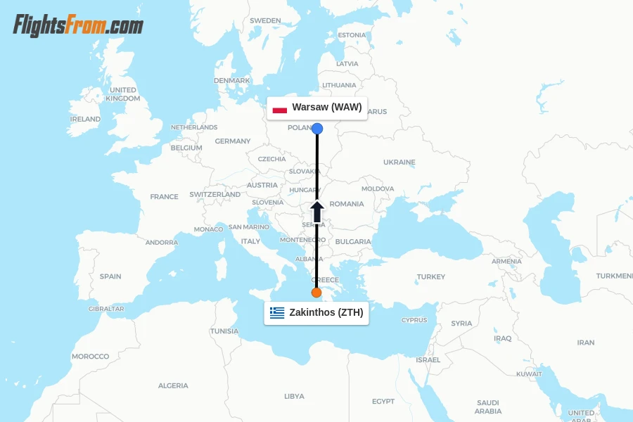 Flights from Zakinthos to Warsaw route map