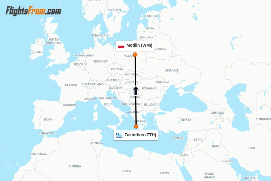 Flights from Zakinthos to Modlin route map