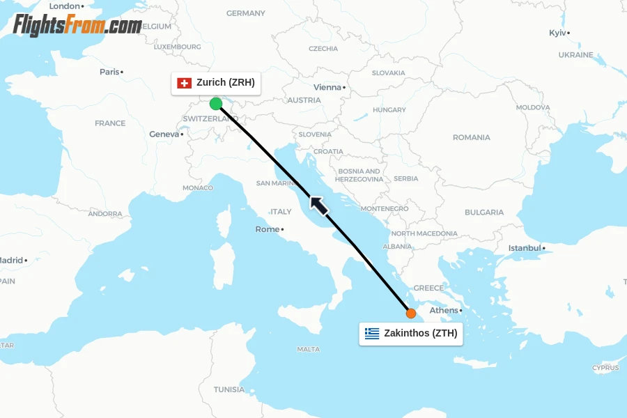 Flights from Zakinthos to Zurich route map