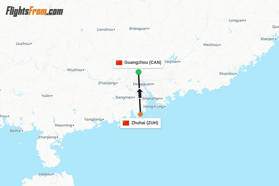 Flights from Zhuhai to Guangzhou route map