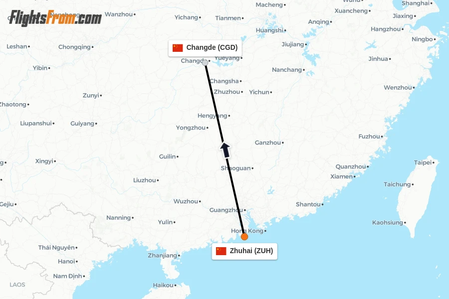 Flights from Zhuhai to Changde route map