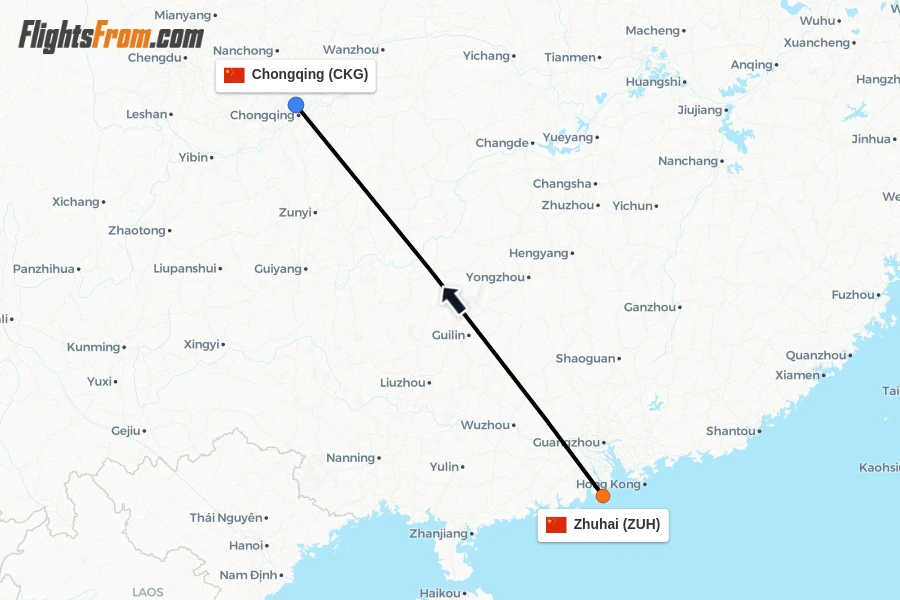 Flights from Zhuhai to Chongqing route map