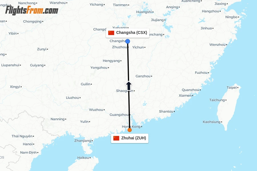 Flights from Zhuhai to Changsha route map