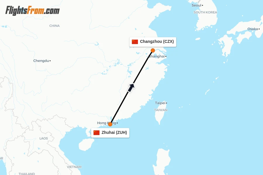 Flights from Zhuhai to Changzhou route map