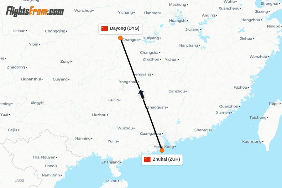 Flights from Zhuhai to Dayong route map