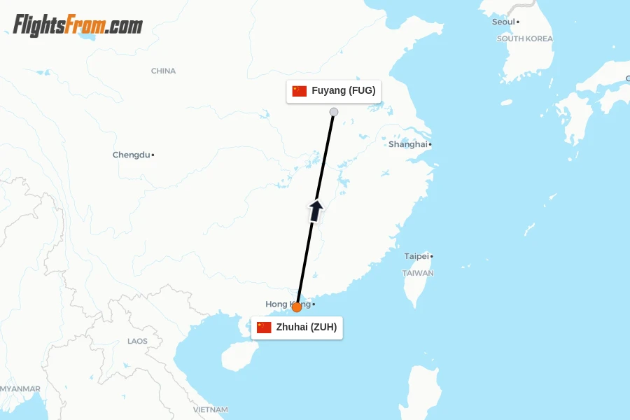 Flights from Zhuhai to Fuyang route map