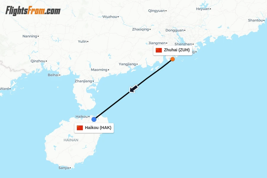 Flights from Zhuhai to Haikou route map