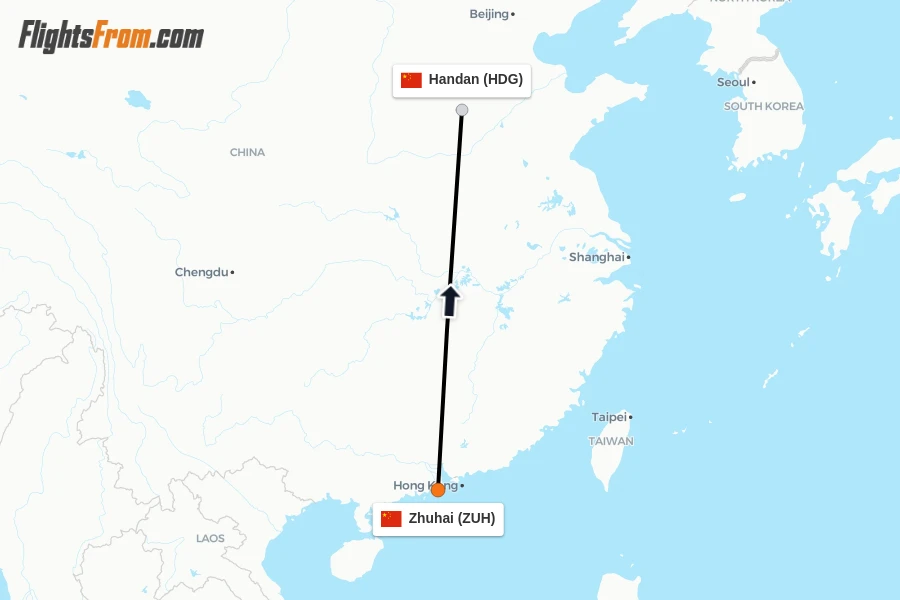 Flights from Zhuhai to Handan route map