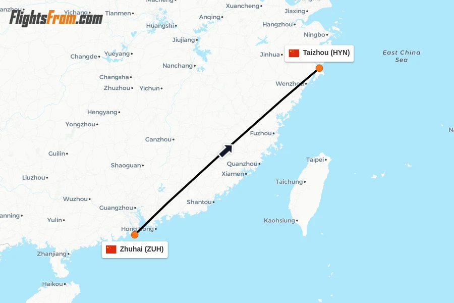 Flights from Zhuhai to Taizhou route map