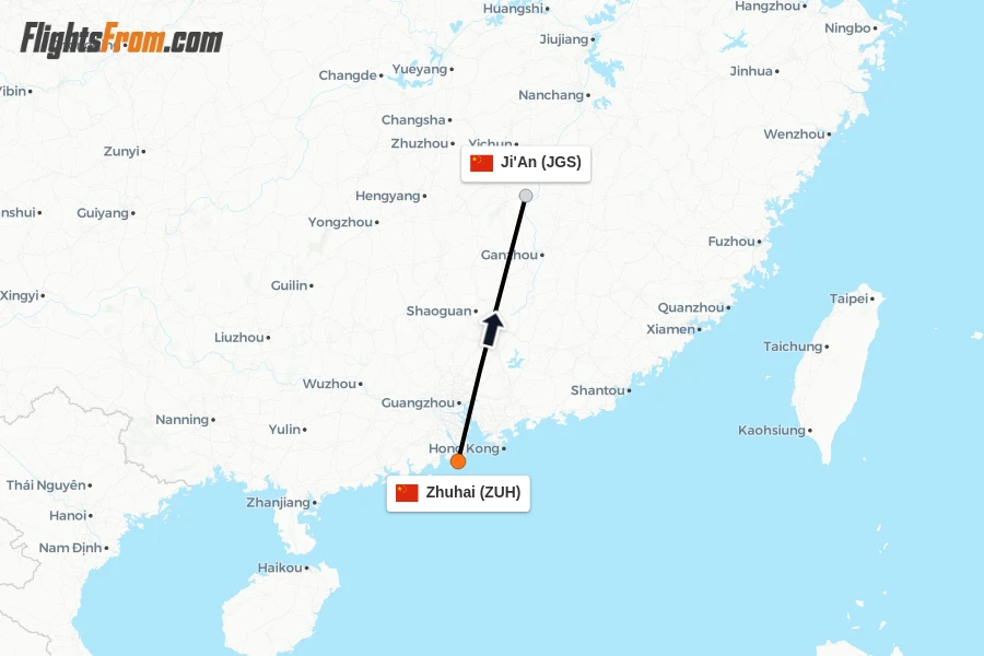 Flights from Zhuhai to Ji'An route map